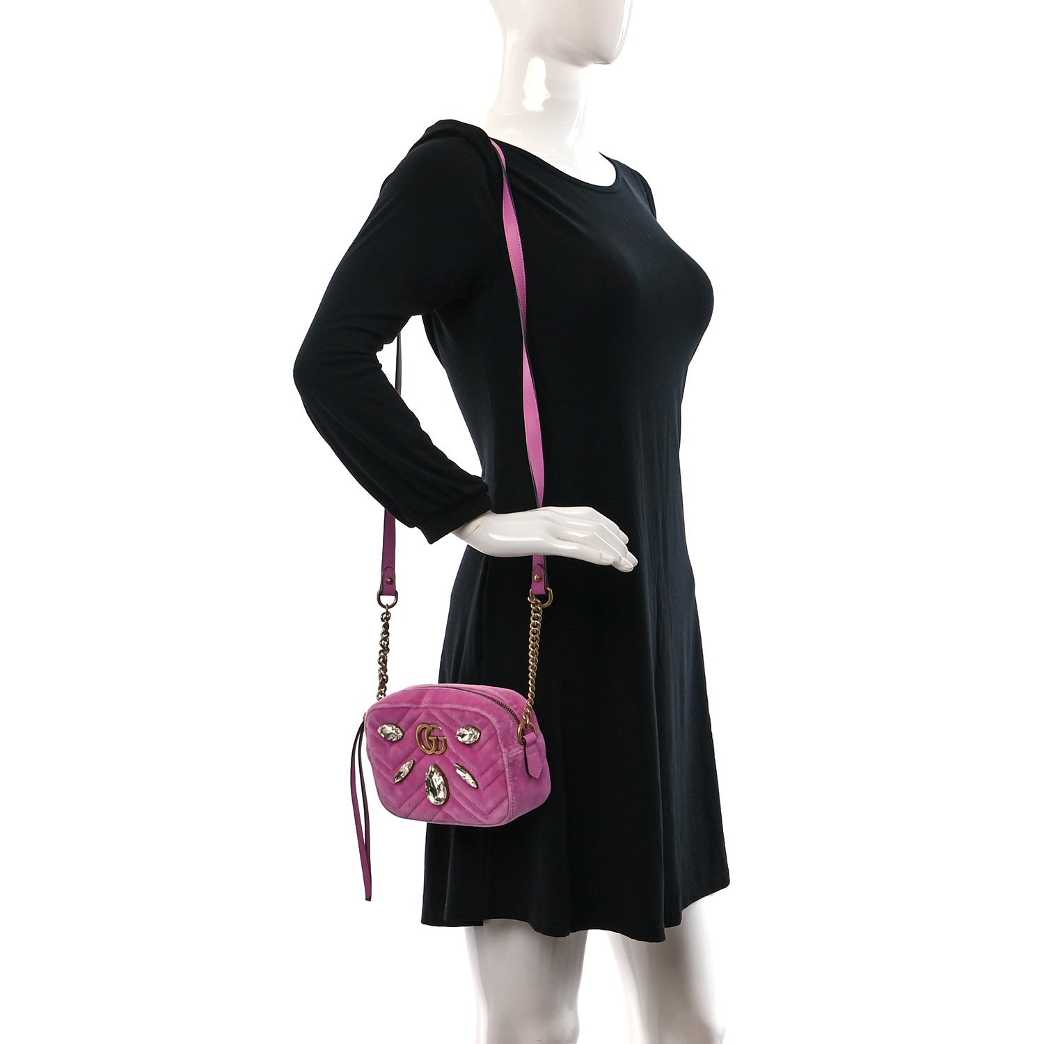 Gucci Velvet Matelasse Marquise Crystals Mini GG Marmont Chain Shoulder Bag Malva 2 of 10