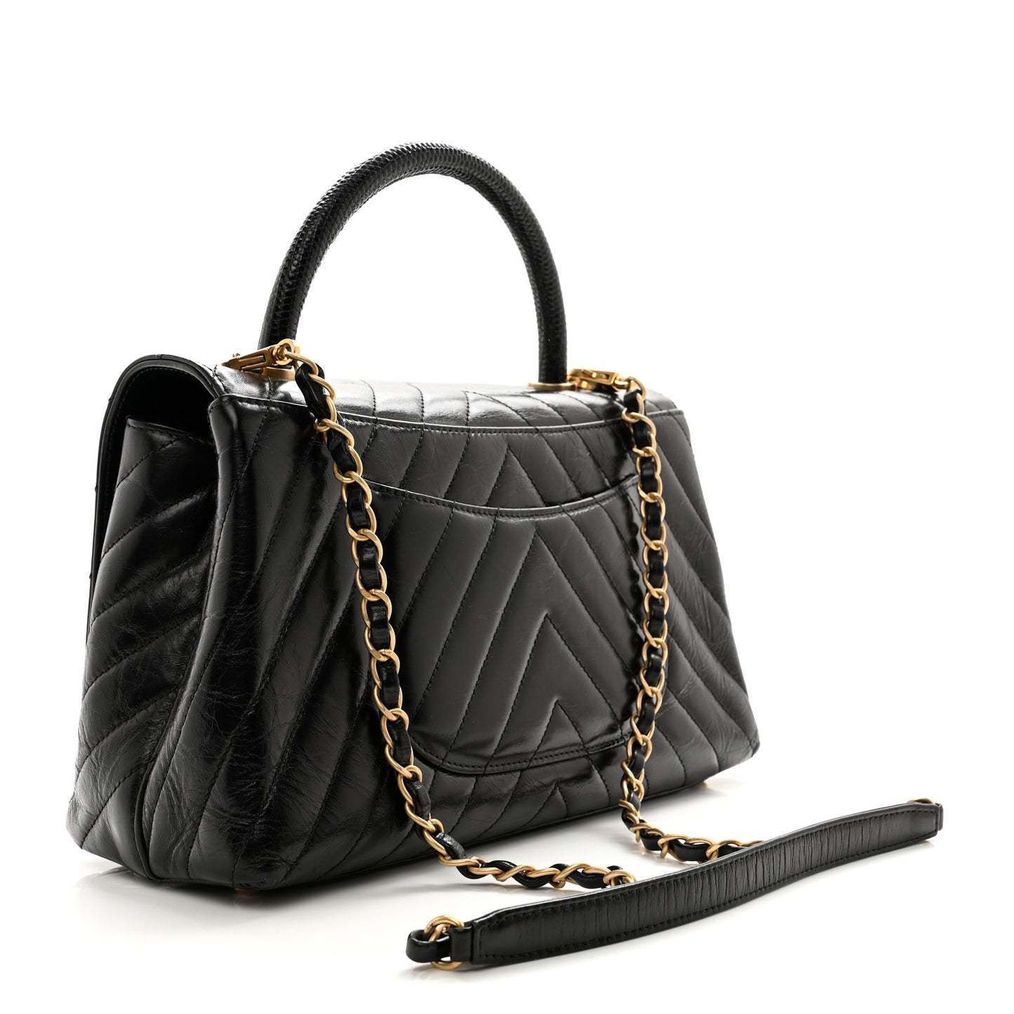 Calfskin Lizard Chevron Quilted Small Coco Handle Flap Black