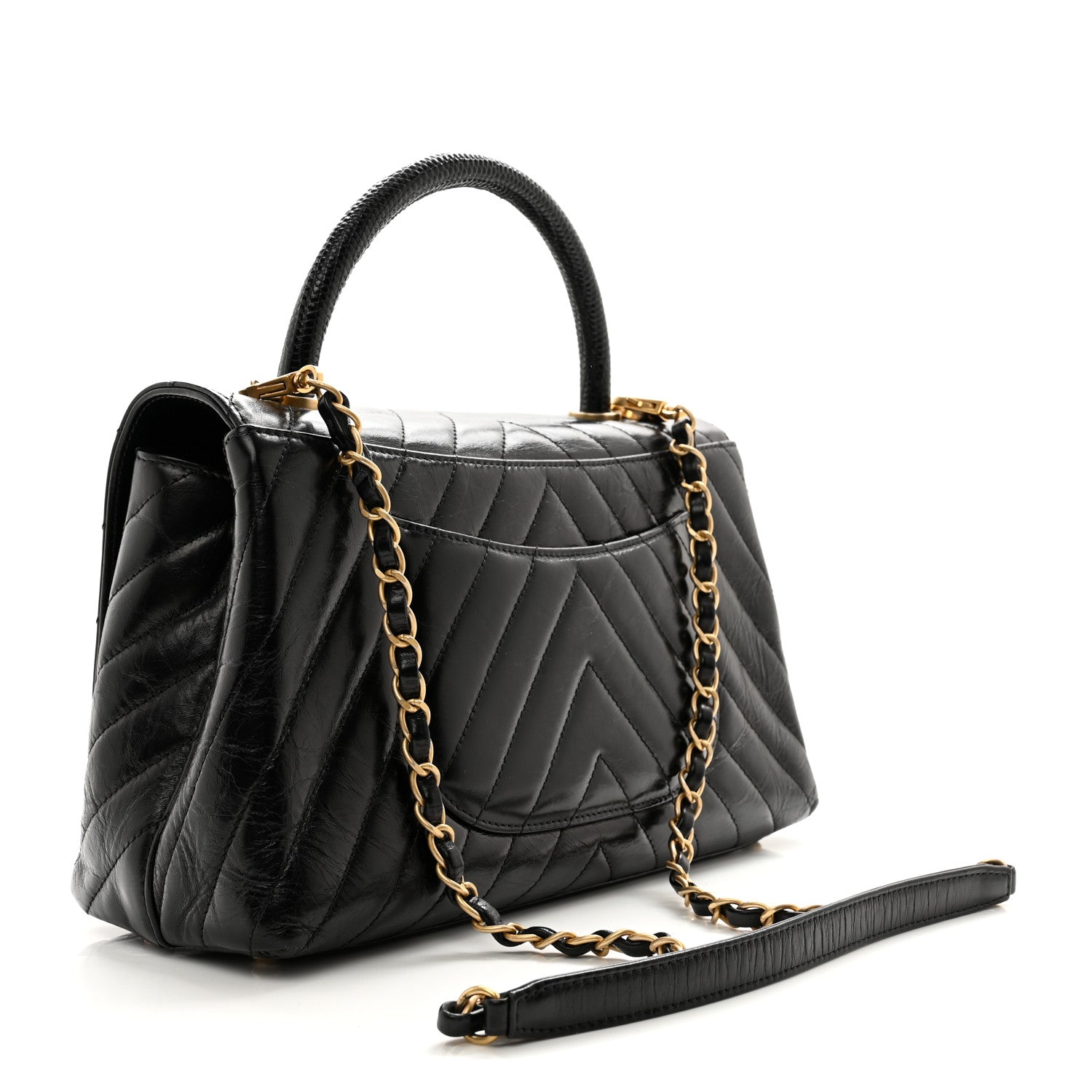 Chanel Calfskin Lizard Chevron Quilted Small Coco Handle Flap Black 3 of 13
