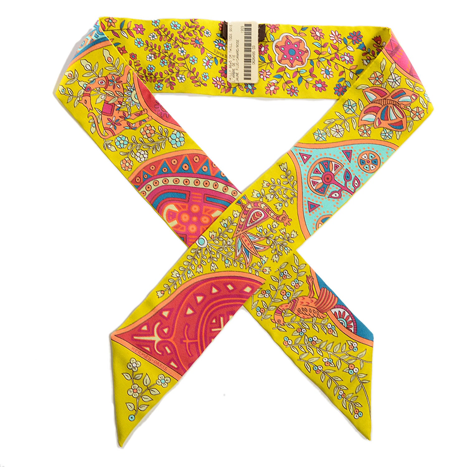 Hermes Silk L'Arbre De Vie Twilly Jaune Fluo Canard Rose 1 of 6