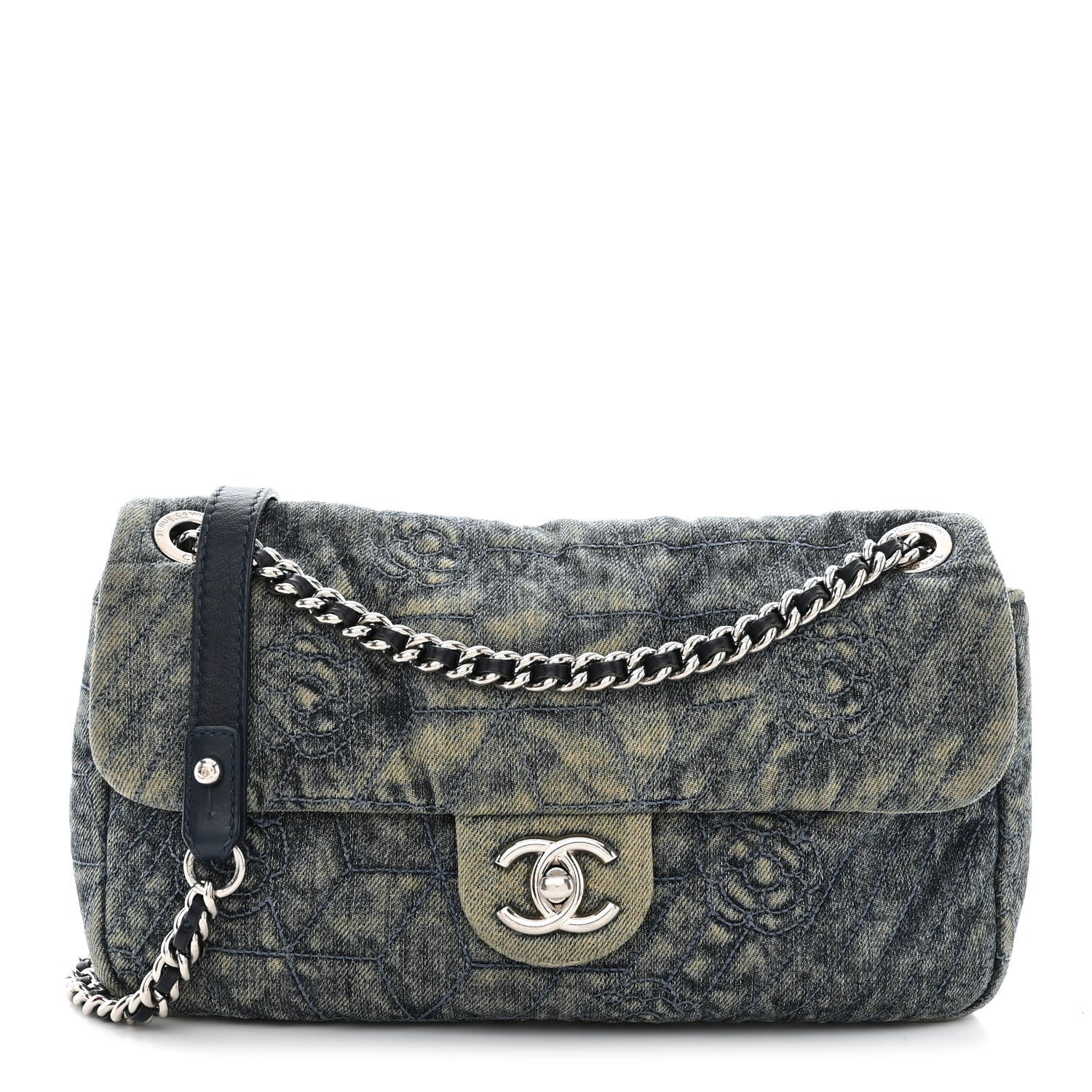 Chanel Denim Quilted Camellia Embroidered Medium Flap Blue 1 of 12