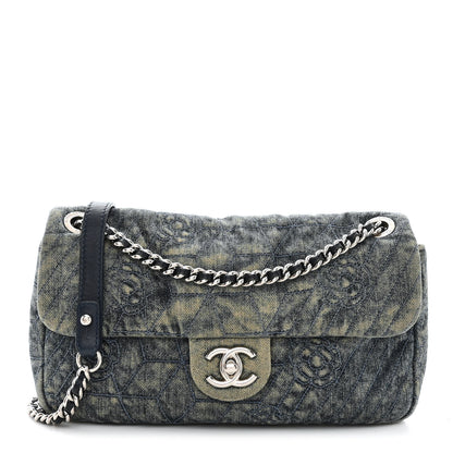 Chanel Denim Quilted Camellia Embroidered Medium Flap Blue 1 of 12
