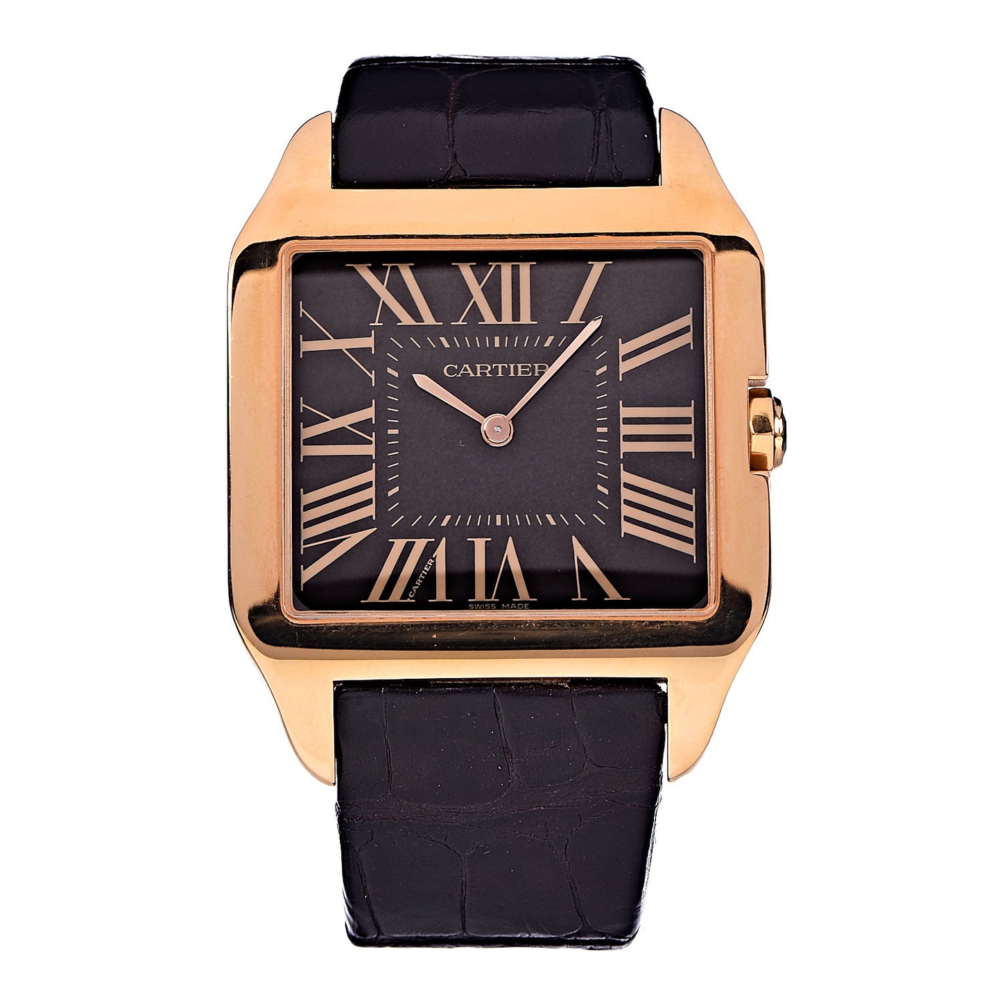 18K Pink Gold Alligator 35mm Santos Dumont Collection Privee Manual Winding Watch Black