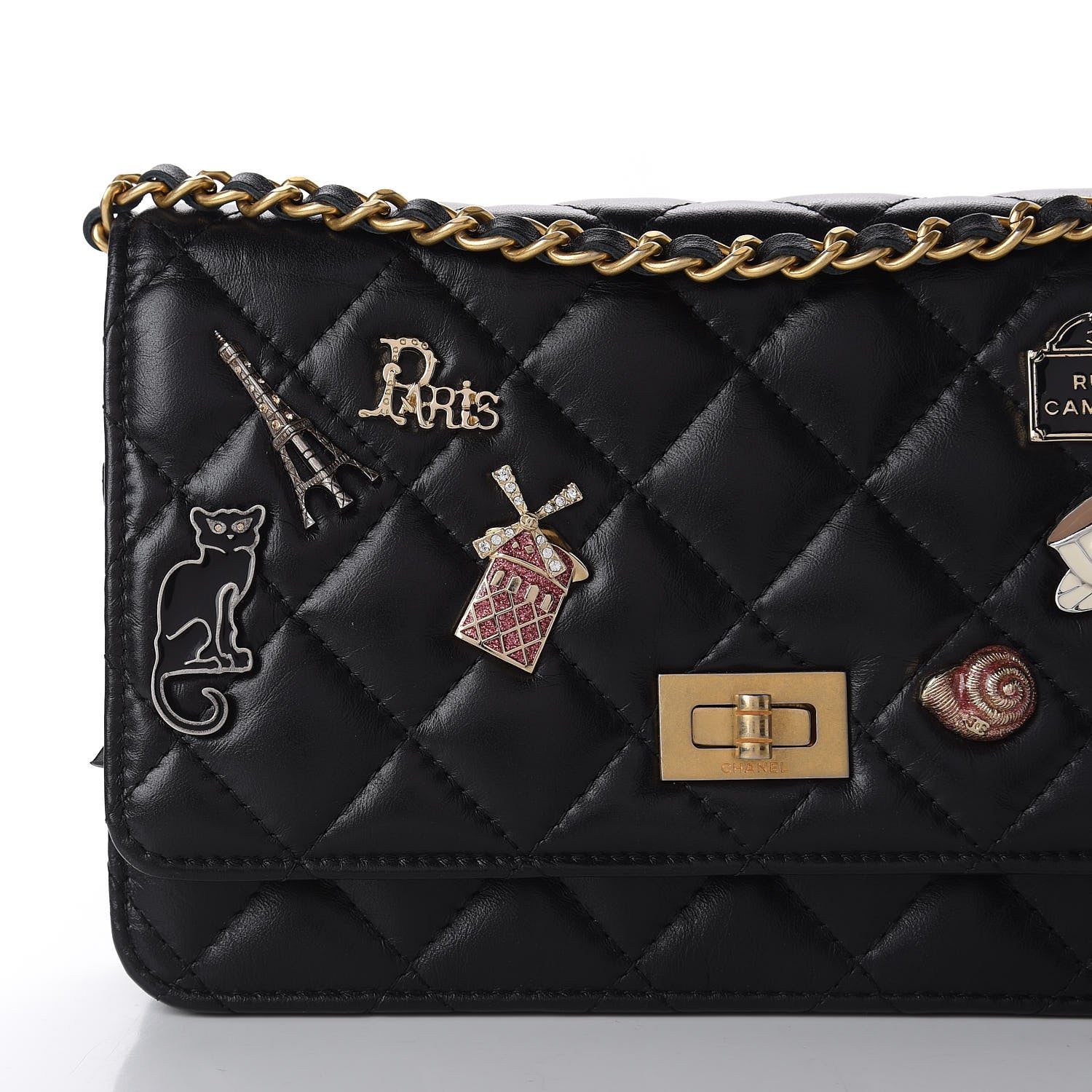 Chanel Aged Calfskin Quilted Lucky Charms 2.55 Reissue Wallet On Chain WOC Black 10 of 12