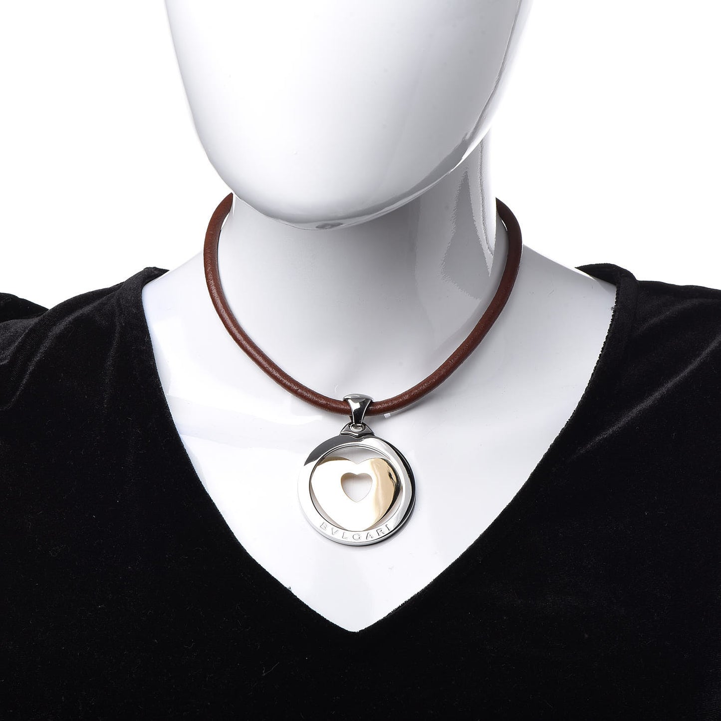 Stainless Steel 18K Yellow Gold Calfskin Tondo Heart Pendant Necklace Brown