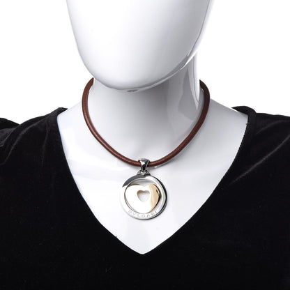 Bulgari Stainless Steel 18K Yellow Gold Calfskin Tondo Heart Pendant Necklace Brown 2 of 5
