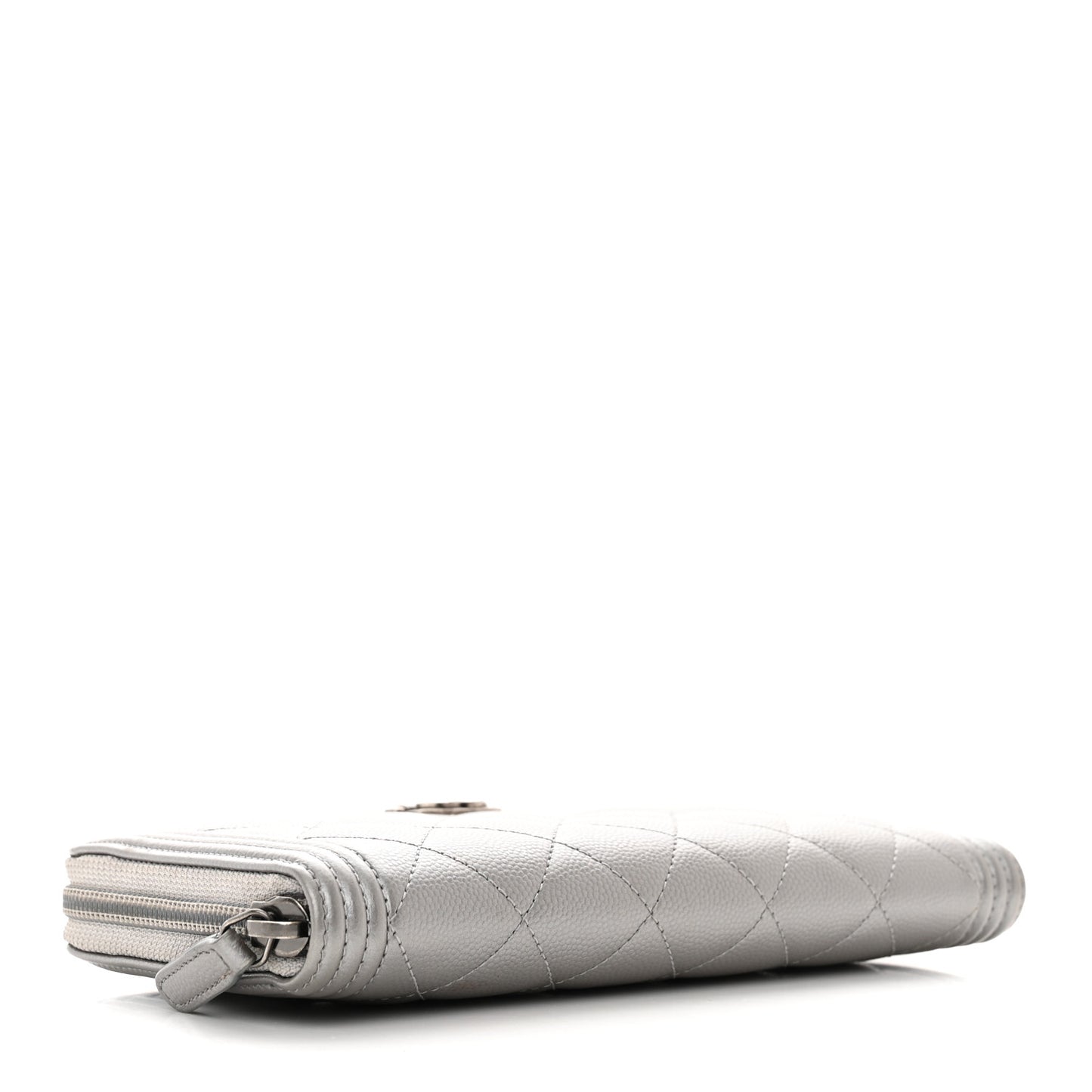 Metallic Caviar Quilted Boy Zip Around Wallet Silver