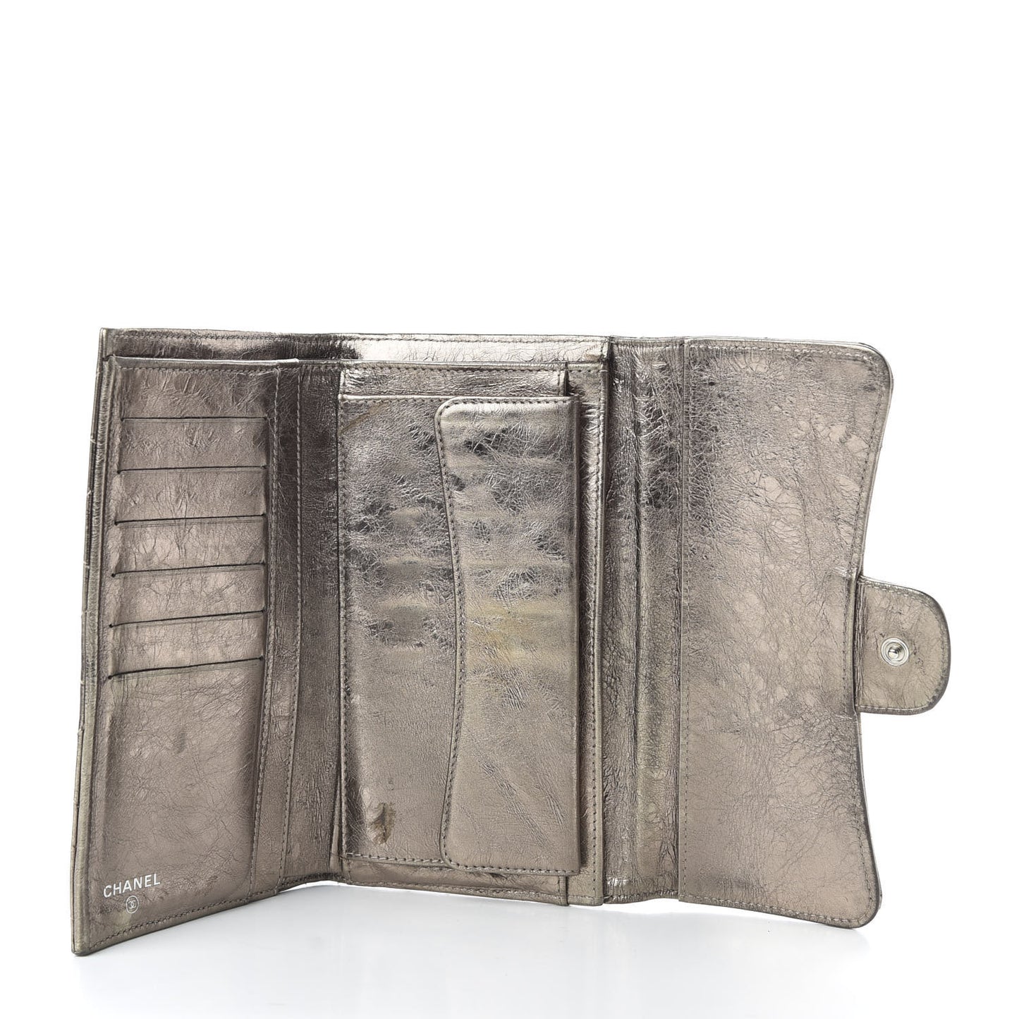 Metallic Aged Calfskin Quilted Reissue Long Flap Wallet Dark Silver