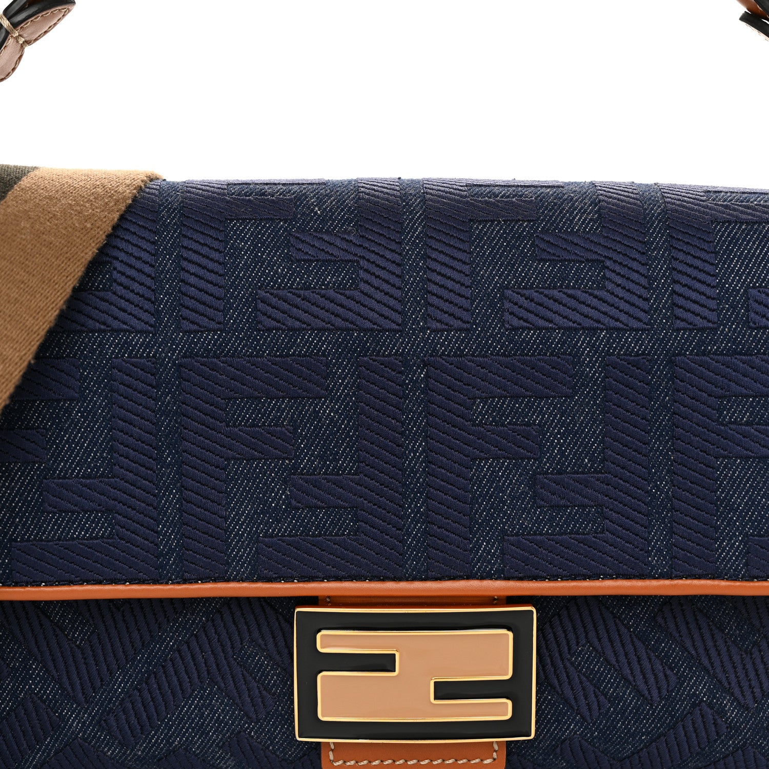 Fendi Denim Vitello King FF Embroidered Baguette Blue Cuoio 8 of 10