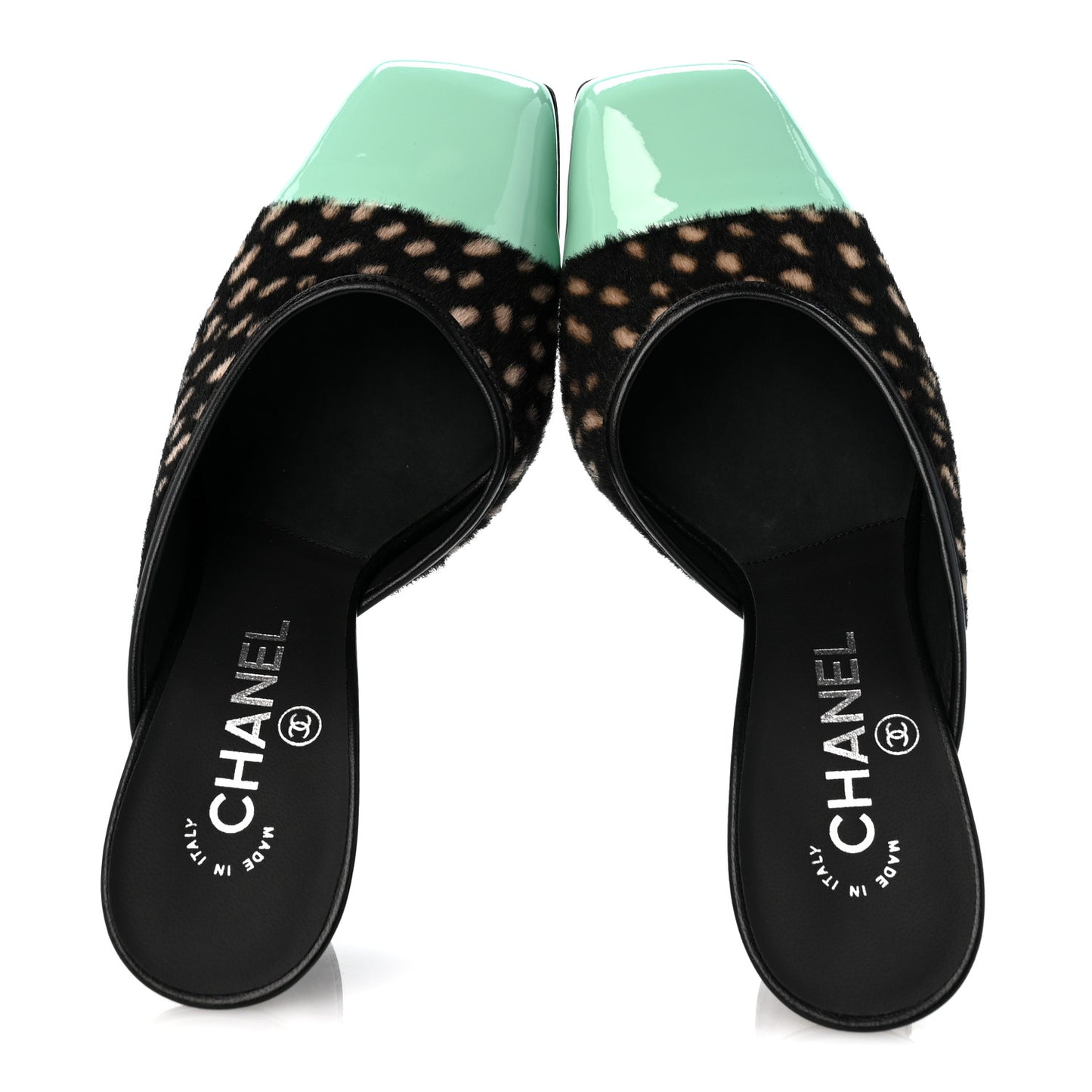 Pony Hair Lambskin Patent Calfskin Cap Toe Mules 37 Black White Green