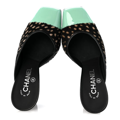 Chanel Pony Hair Lambskin Patent Calfskin Cap Toe Mules 37 Black White Green 2 of 10