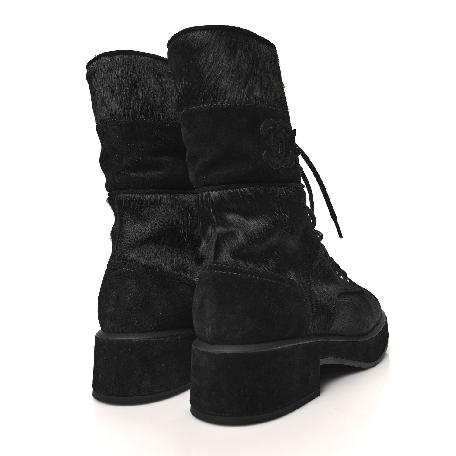 Chanel Suede Pony Hair Shearling Lace Up Combat Boots 38 Black White 5 of 11