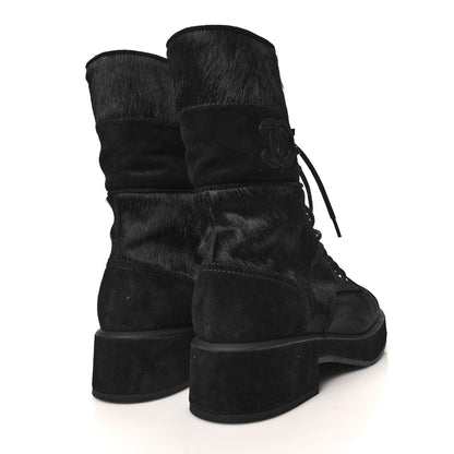 Chanel Suede Pony Hair Shearling Lace Up Combat Boots 38 Black White 5 of 11