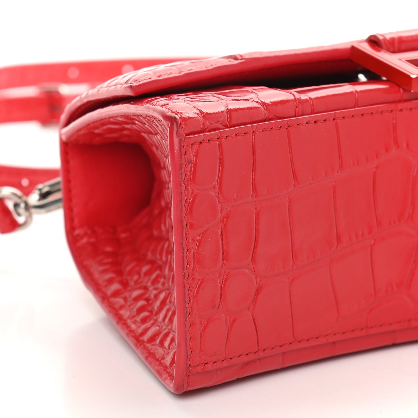 Shiny Calfskin Tonal B Crocodile Embossed Hourglass Top Handle Bag XS Bright Red