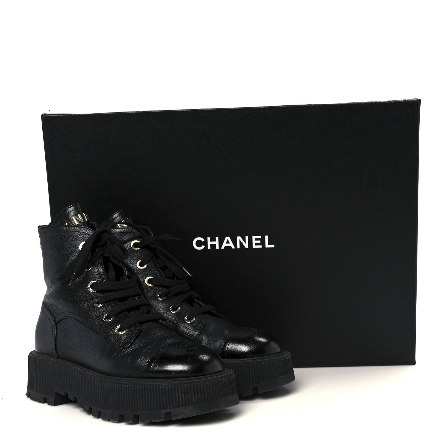 Chanel Grained Calfskin Shiny Calfskin CC Lace Up Combat Boots 37.5 Black 11 of 11