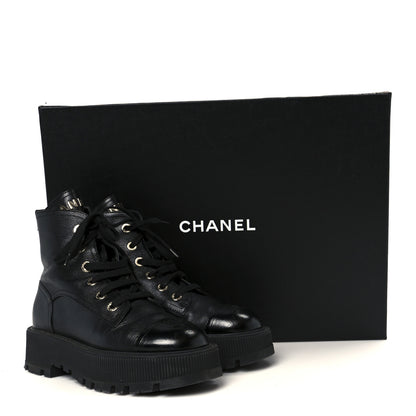 Chanel Grained Calfskin Shiny Calfskin CC Lace Up Combat Boots 37.5 Black 11 of 11
