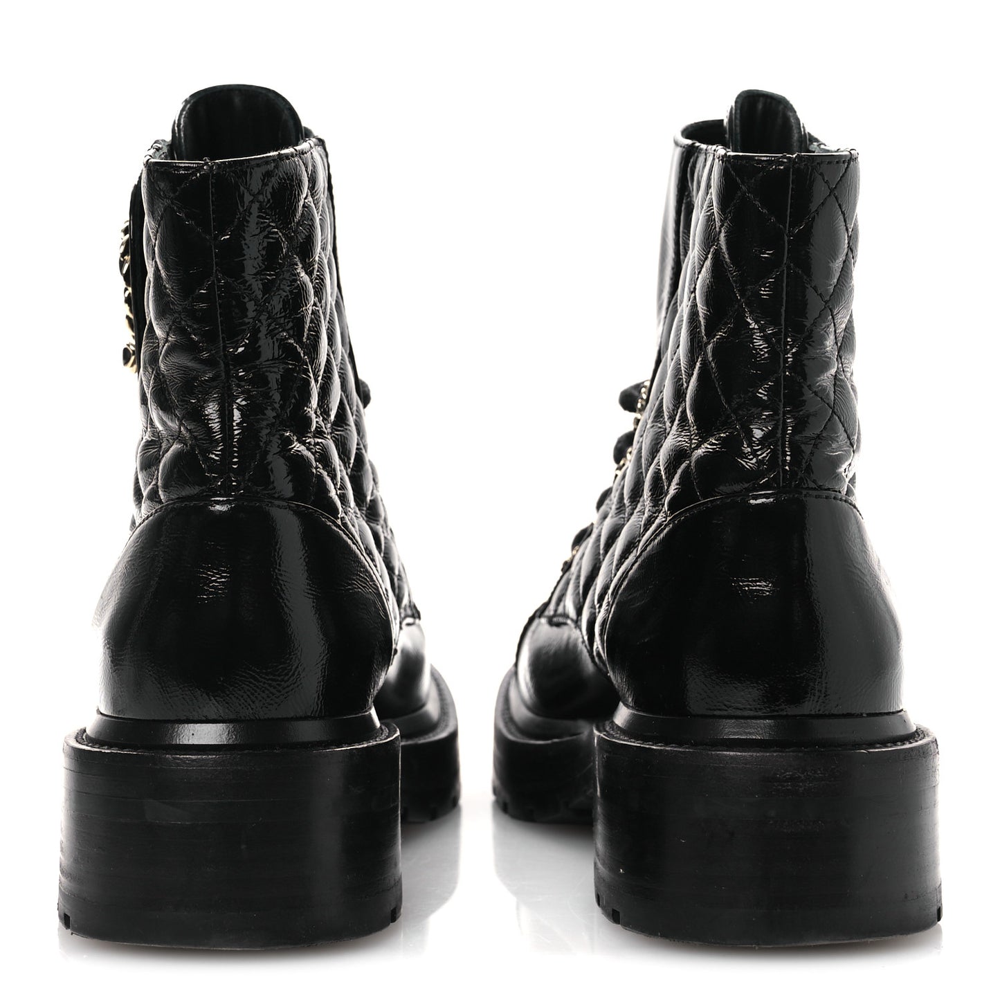 Shiny Calfskin Quilted Lace Up Combat Boots 37 Black