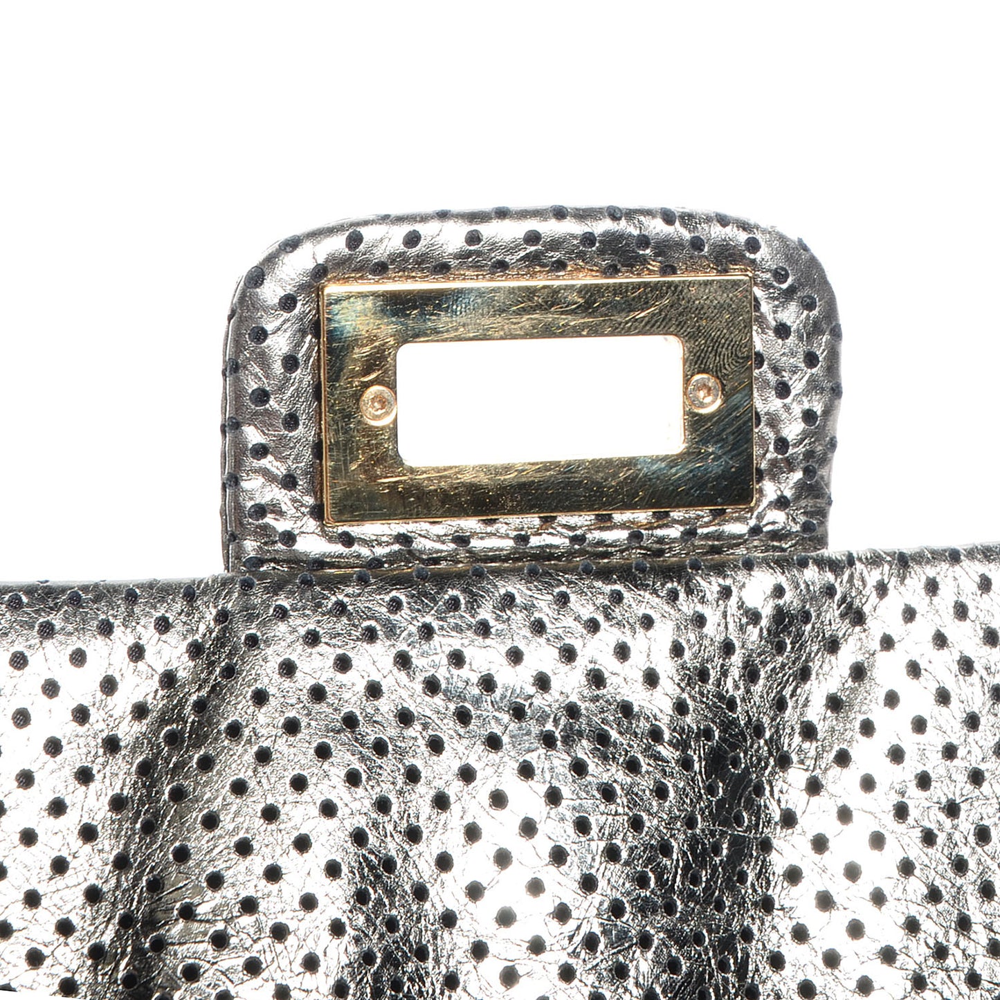 Metallic Crackled Calfskin Perforated Large Drill Flap Silver