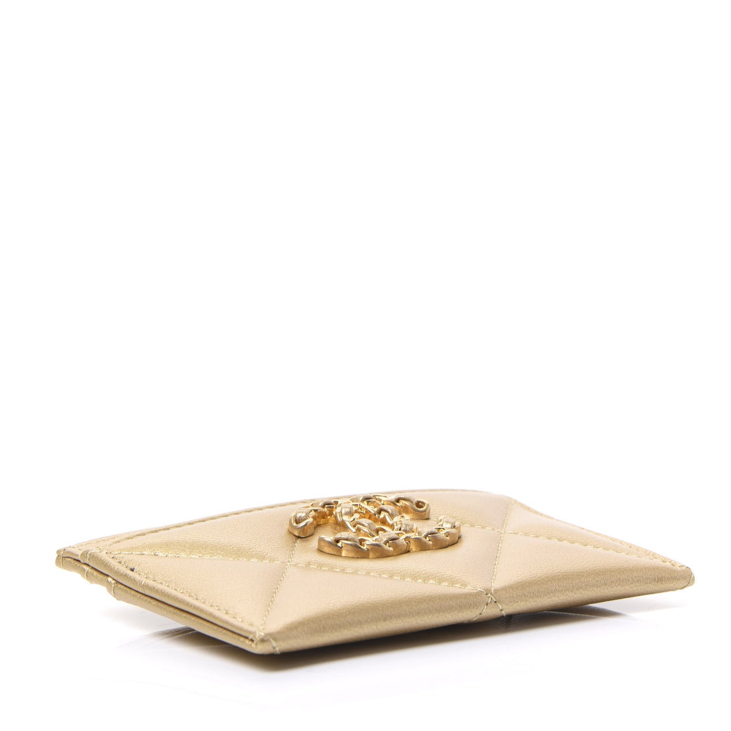 Metallic Goatskin Quilted Chanel 19 Card Holder Gold