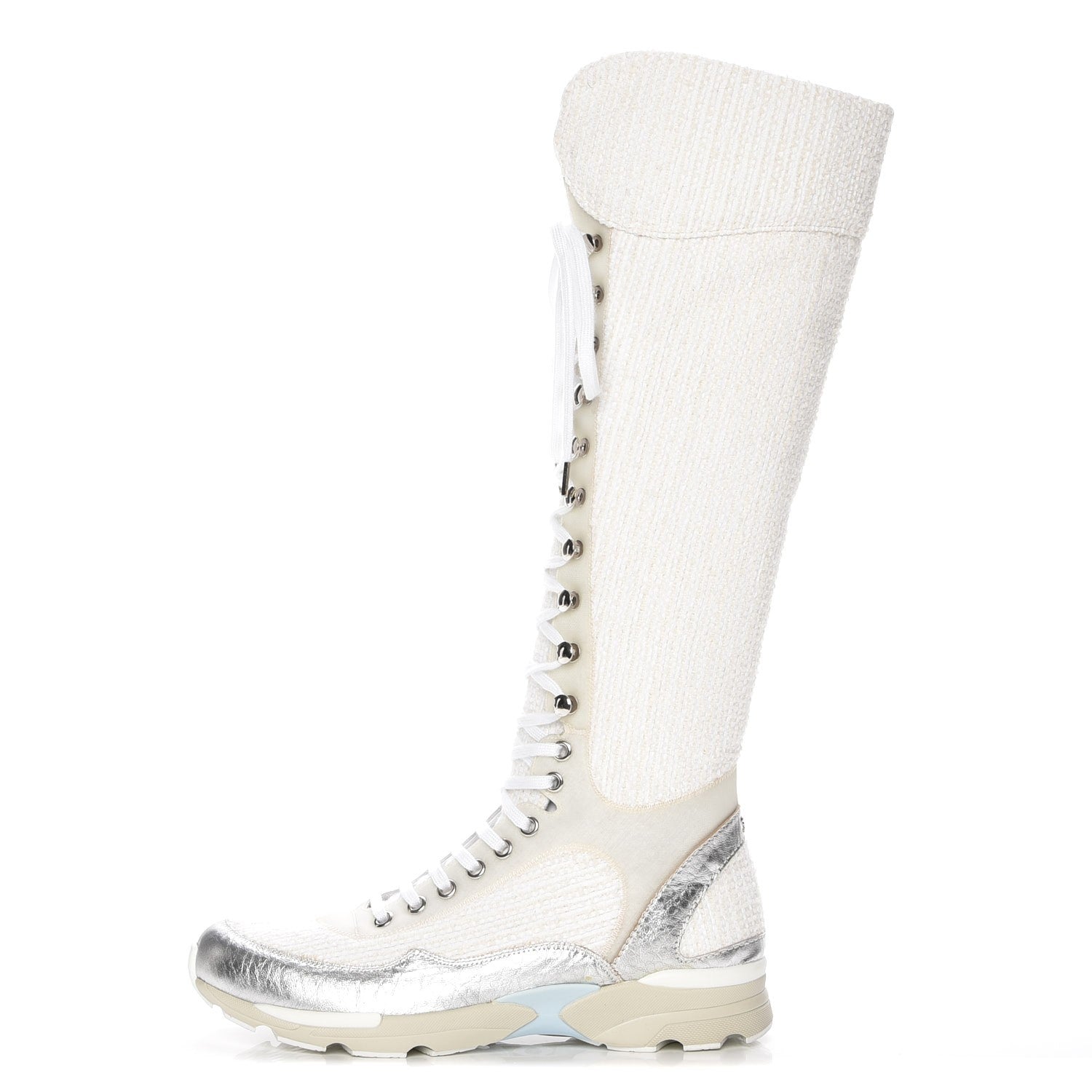 Chanel Tweed Suede Calfskin Sneaker High Boots 38 White Ecru Silver 1 of 7