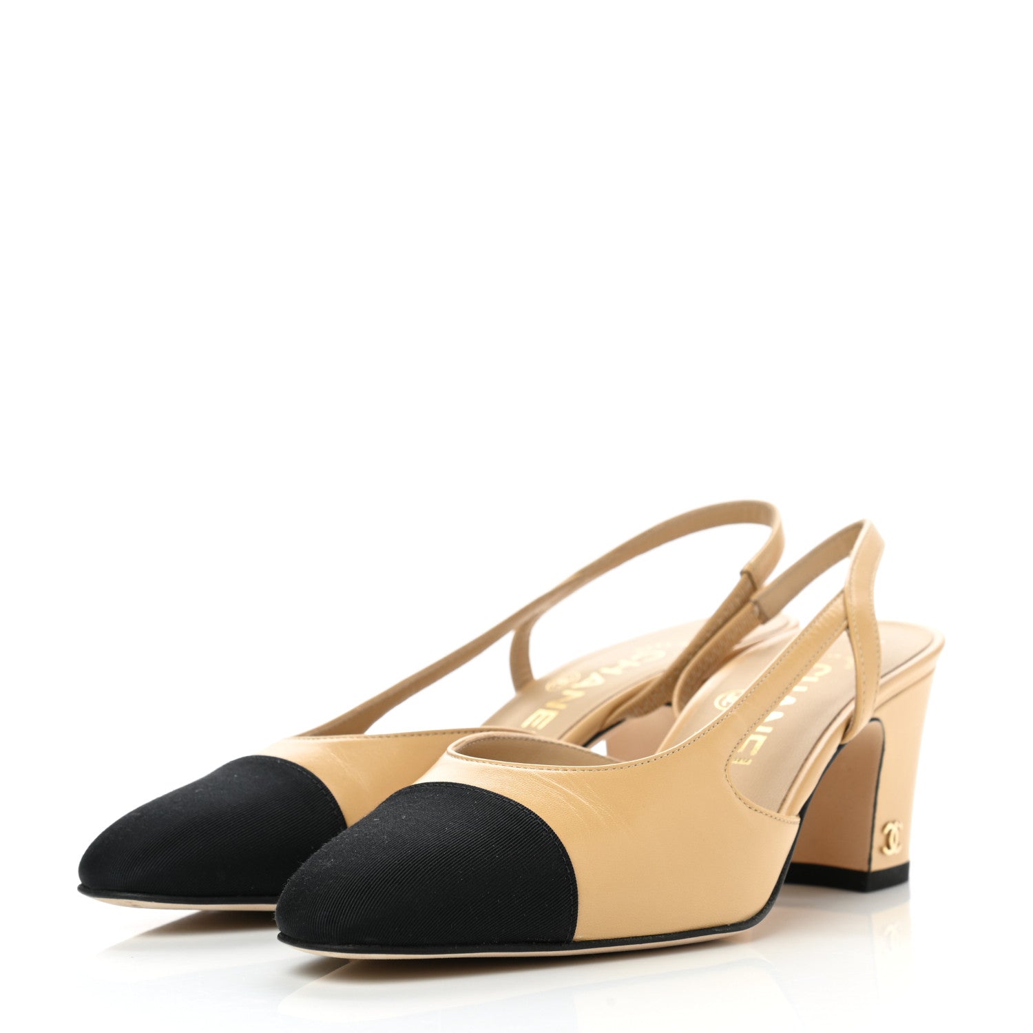 Chanel Goatskin Grosgrain Cap Toe CC Slingback Pumps 35 Beige Black 3 of 9
