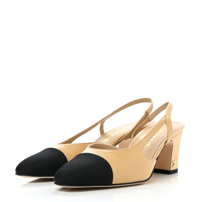 Chanel Goatskin Grosgrain Cap Toe CC Slingback Pumps 35 Beige Black 3 of 9