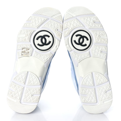 Chanel Nylon Calfskin Suede Womens CC Sneakers 39.5 White Grey Blue 6 of 10