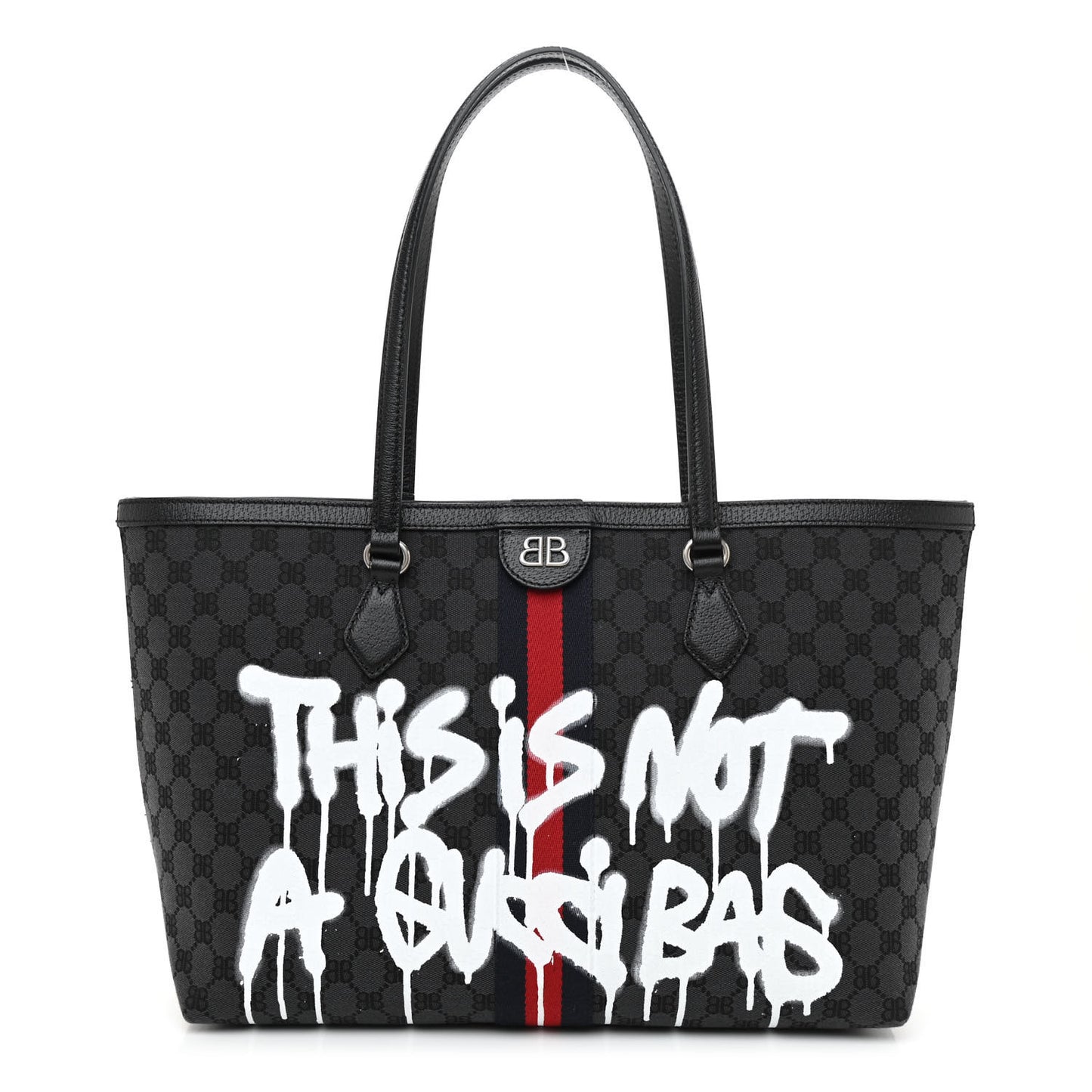 X BALENCIAGA BB Monogram Web Graffiti Medium Ophidia Shopping Tote Black