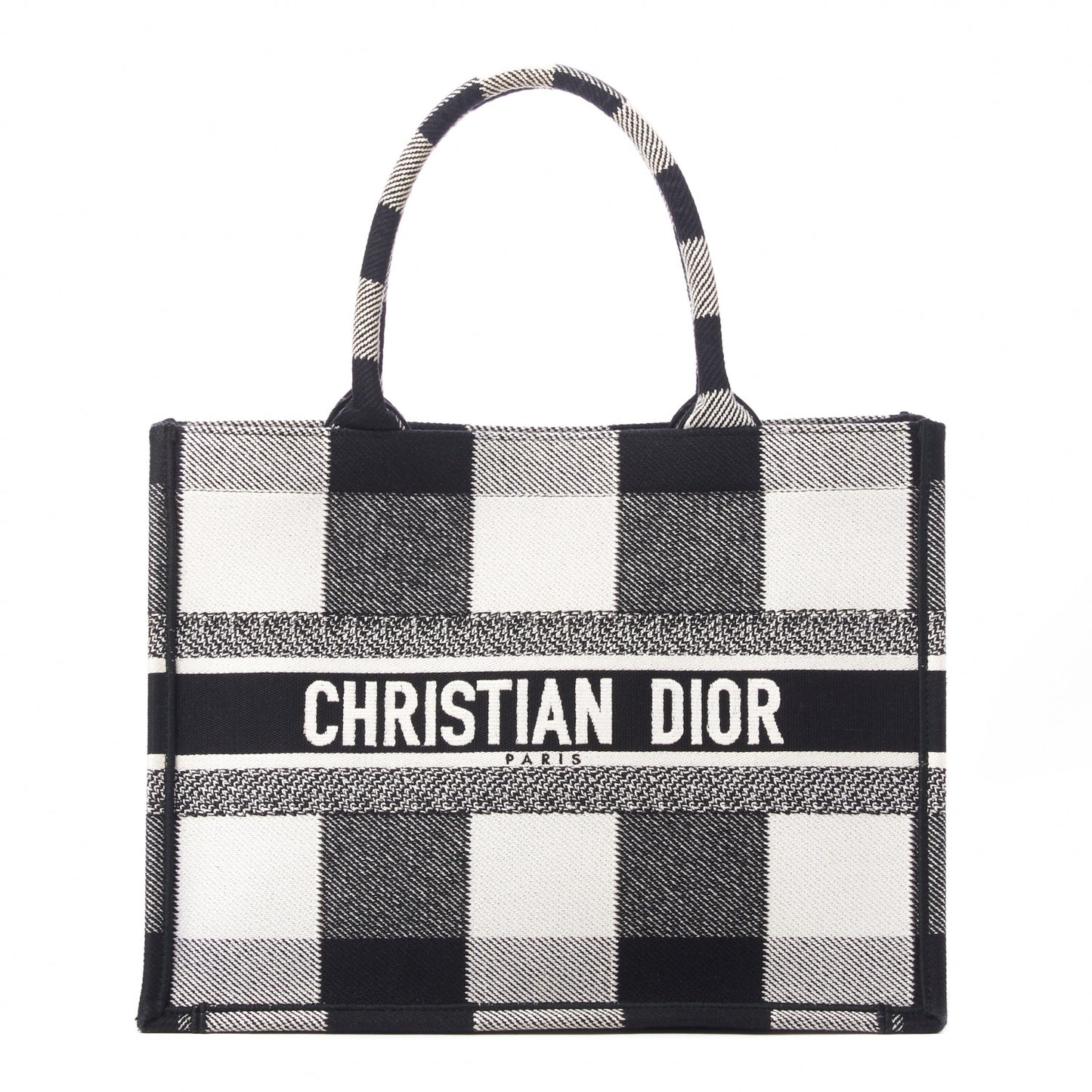 Canvas Embroidered Medium Checkered Book Tote Black White
