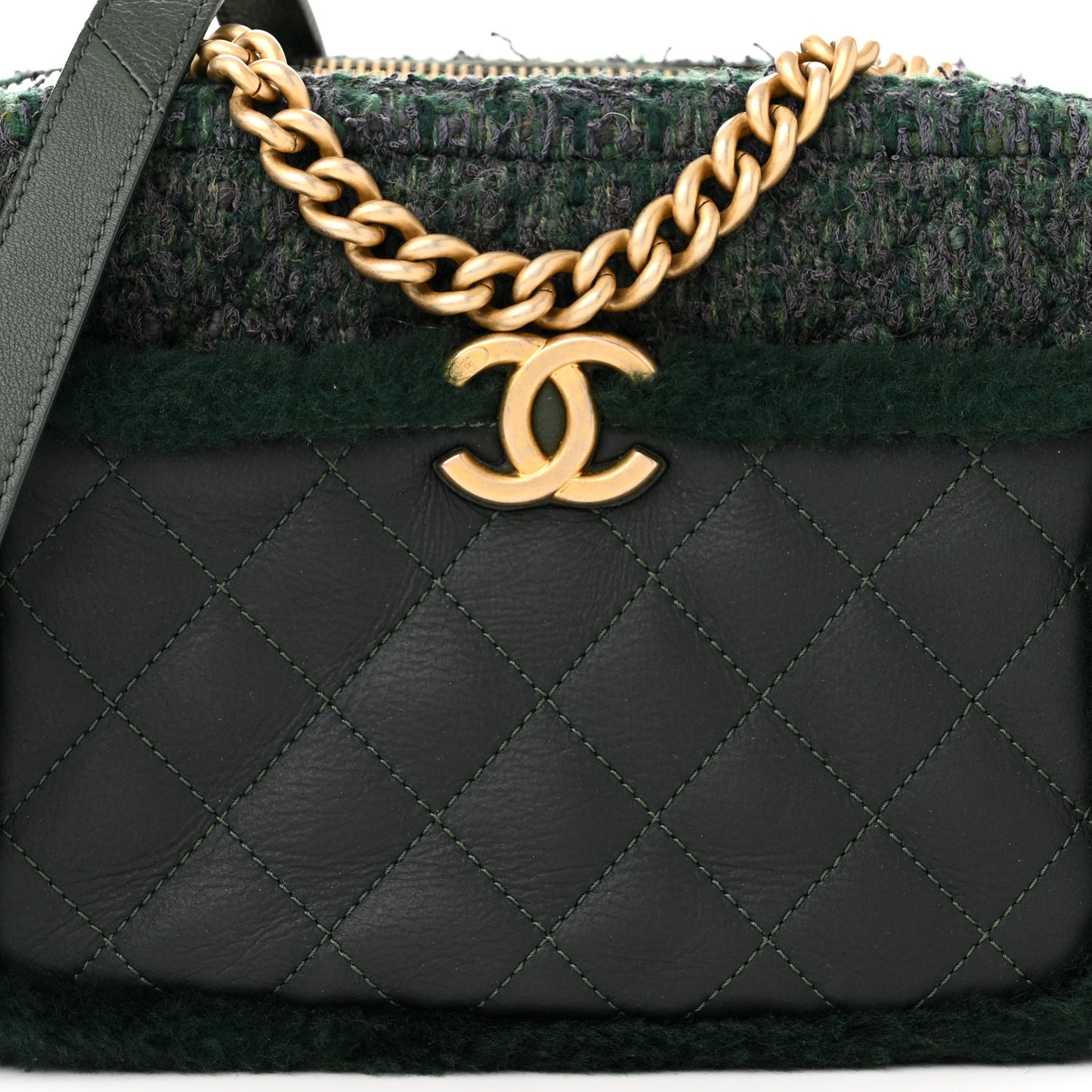 Tweed Shearling Grained Calfskin Camera Case Green