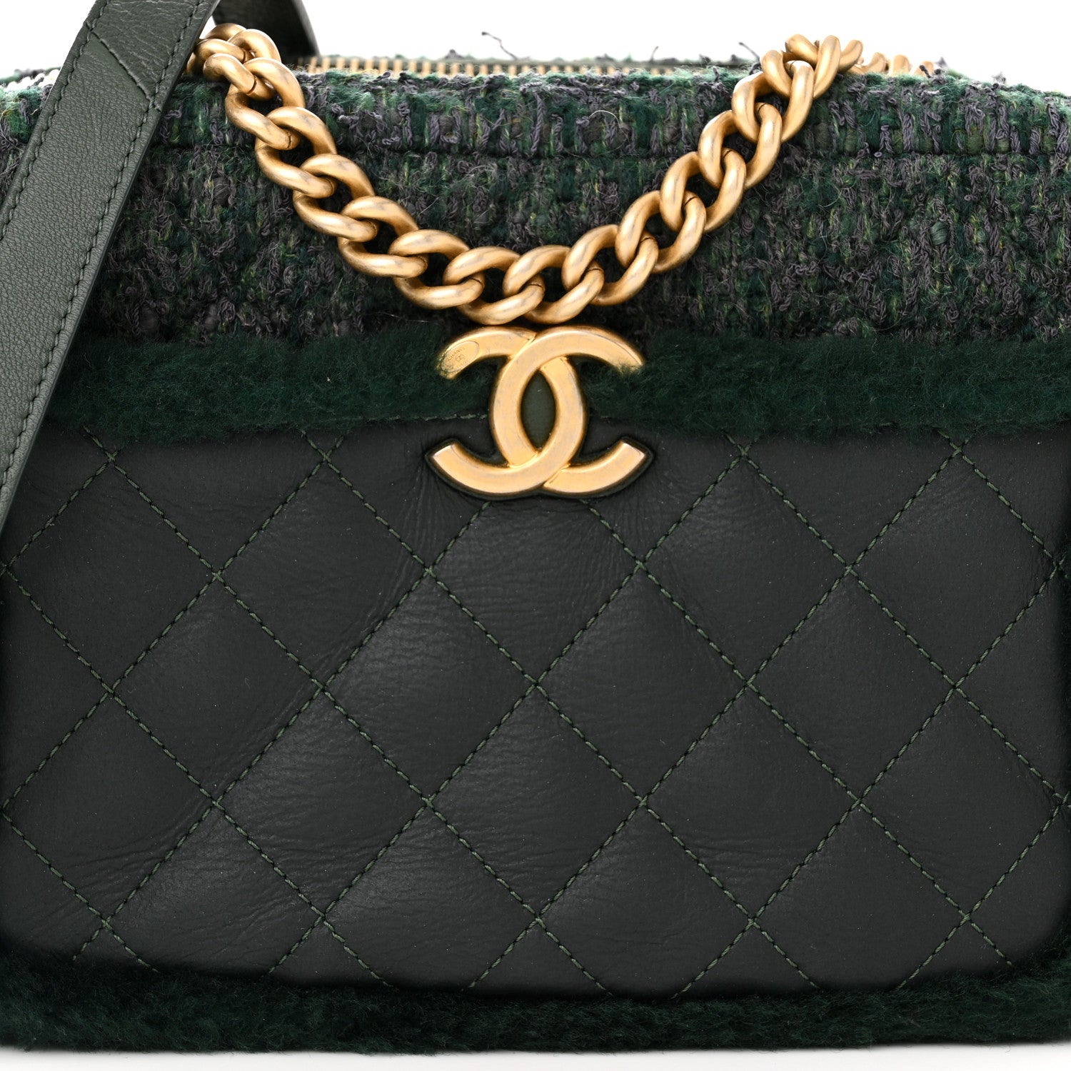 Chanel Tweed Shearling Grained Calfskin Camera Case Green 9 of 12