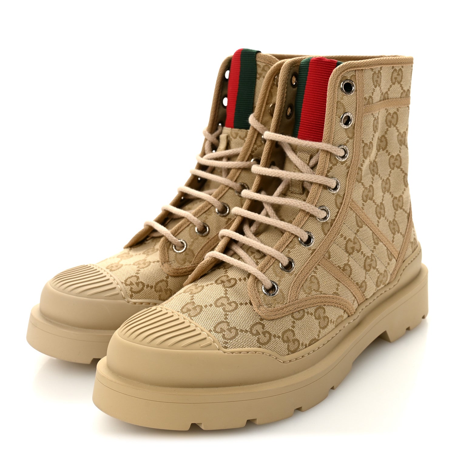 Gucci GG Monogram Web Mens Lug Sole Ankle Boots 8.5 New Sand