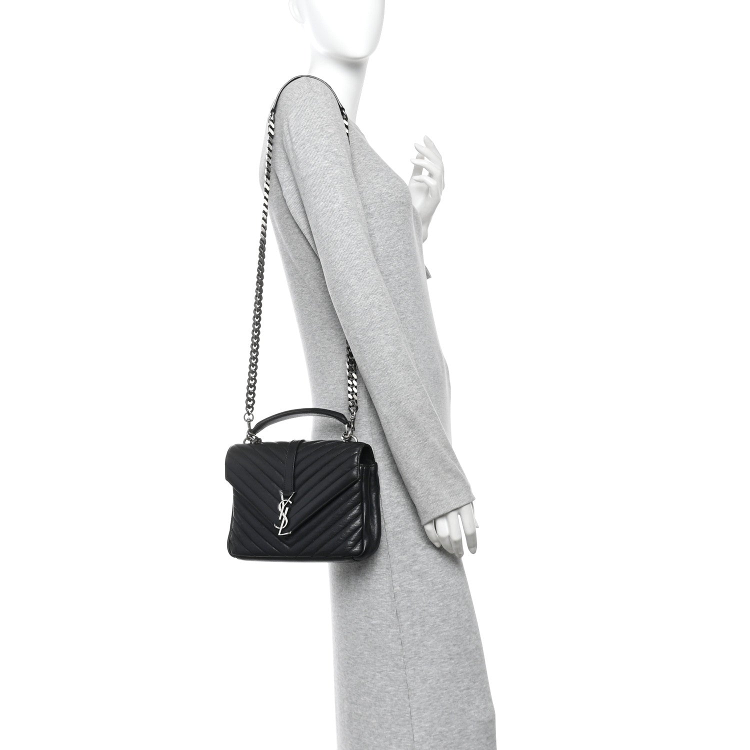 Saint Laurent Sheepskin Matelasse Chevron Monogram Medium College Bag Black 2 of 9