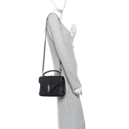Saint Laurent Sheepskin Matelasse Chevron Monogram Medium College Bag Black 2 of 9
