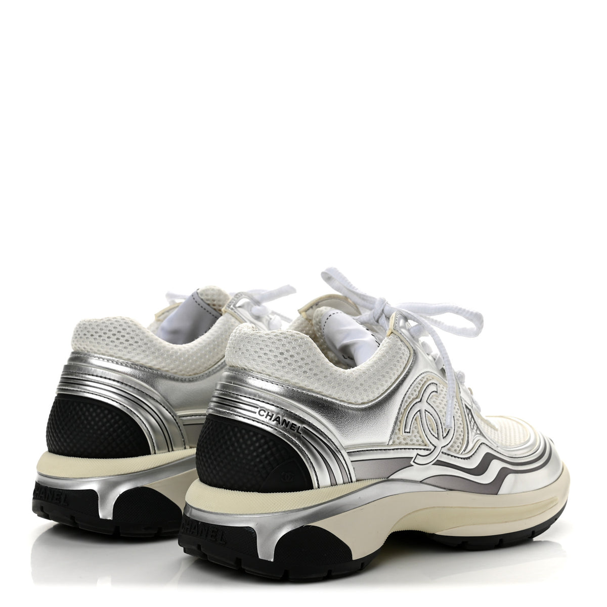 Chanel Fabric Laminated Calfskin Stretch CC Sneakers 36.5 White Gold Silver 5 of 9