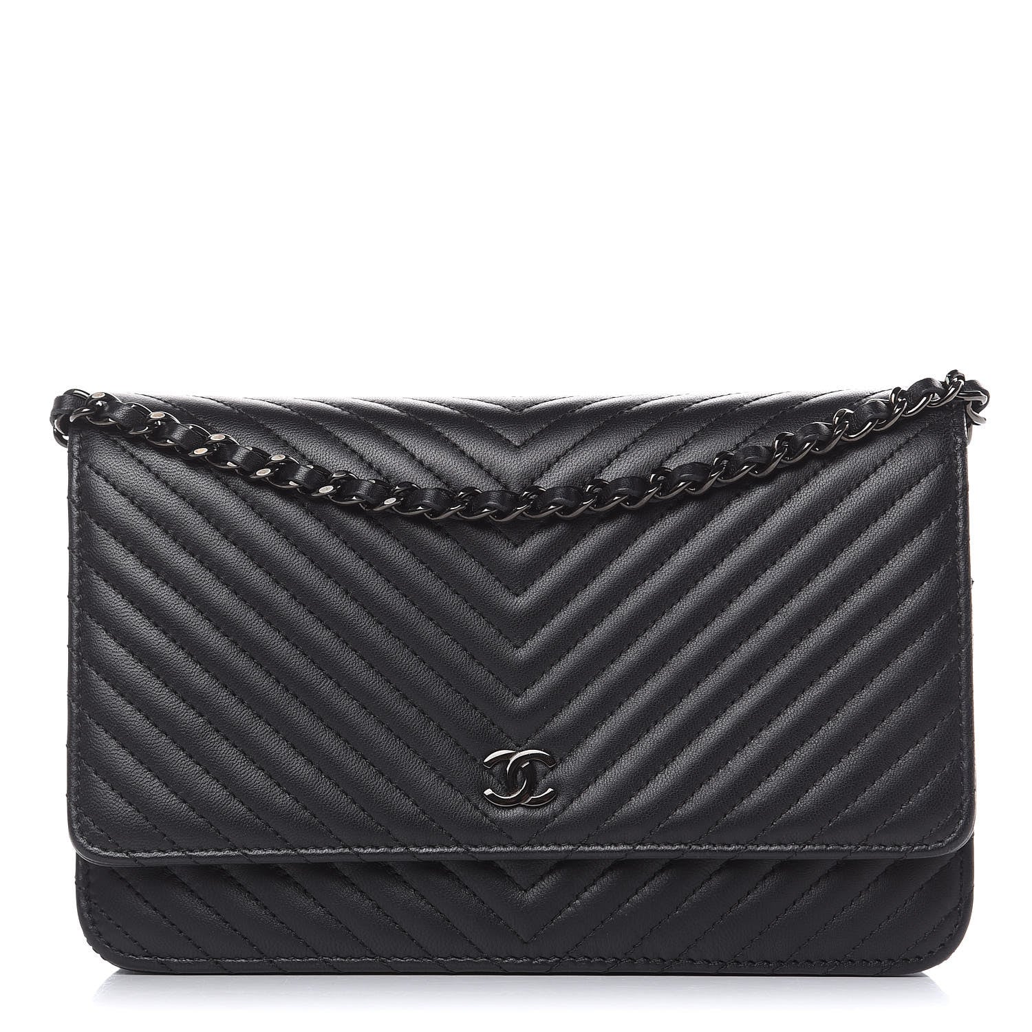 Chanel Lambskin Chevron Quilted Wallet On Chain WOC So Black 1 of 13