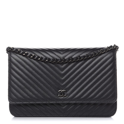 Chanel Lambskin Chevron Quilted Wallet On Chain WOC So Black 1 of 13