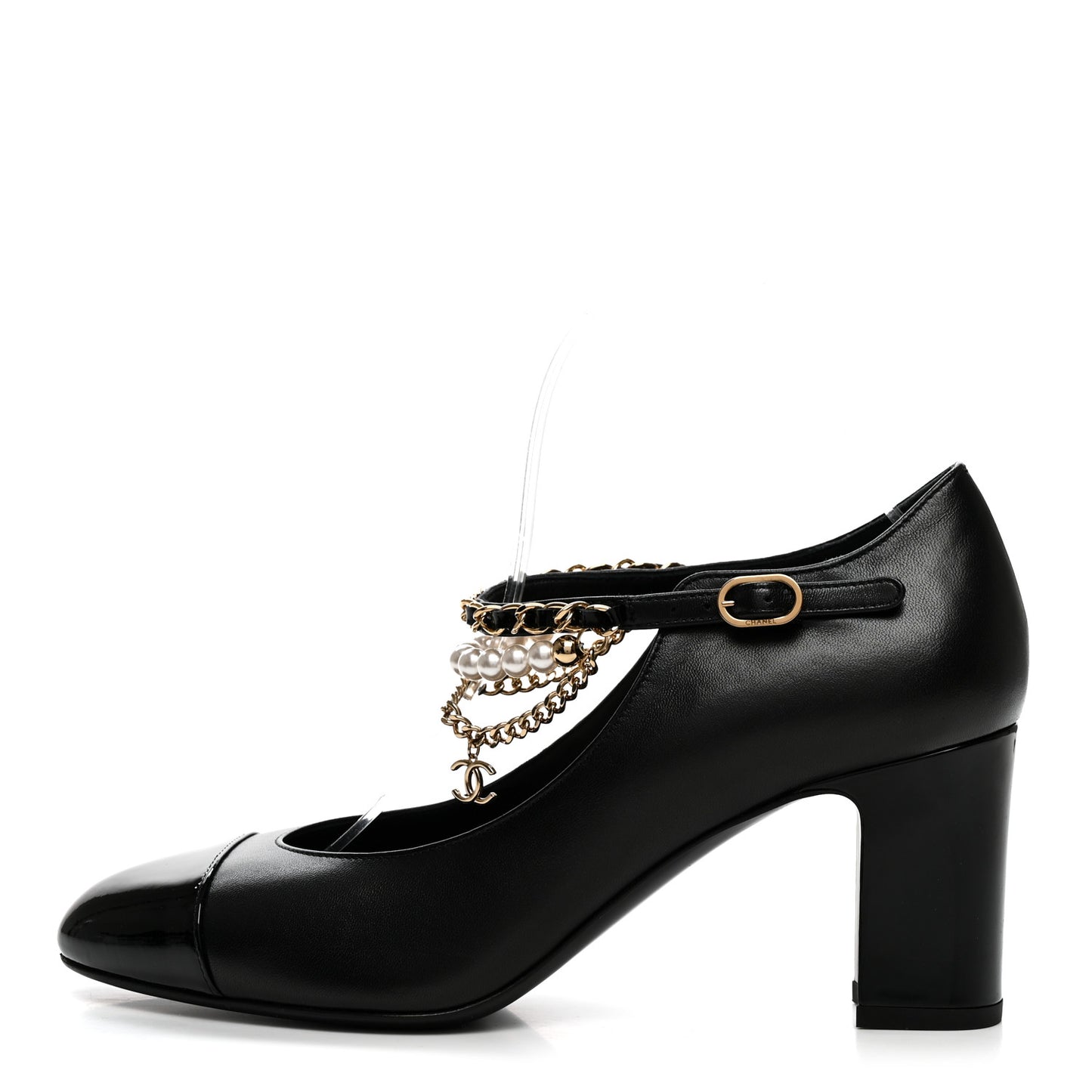 Shiny Lambskin Patent Calfskin Cap Toe Ankle Pearl Chain Pumps 39.5 Black