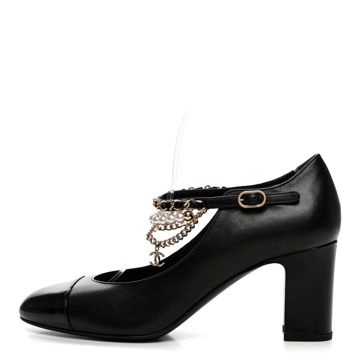 Chanel Shiny Lambskin Patent Calfskin Cap Toe Ankle Pearl Chain Pumps 39.5 Black 1 of 9