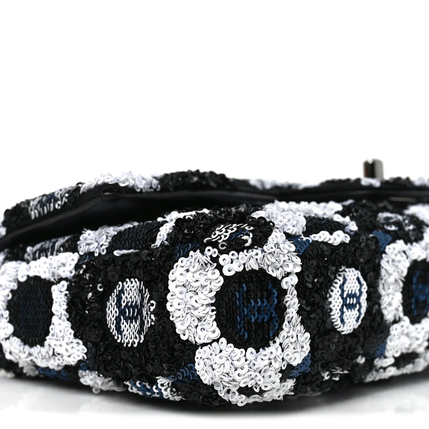 Chanel Satin Sequin Embellished Flower East West Flap Black White Blue 9 of 10