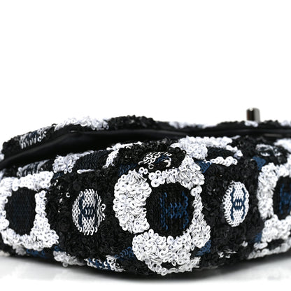 Chanel Satin Sequin Embellished Flower East West Flap Black White Blue 9 of 10