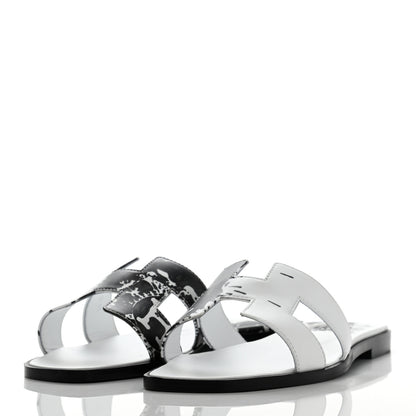 Hermes Calfskin Peinture Fraiche Oran Sandals 38 White Black 3 of 8