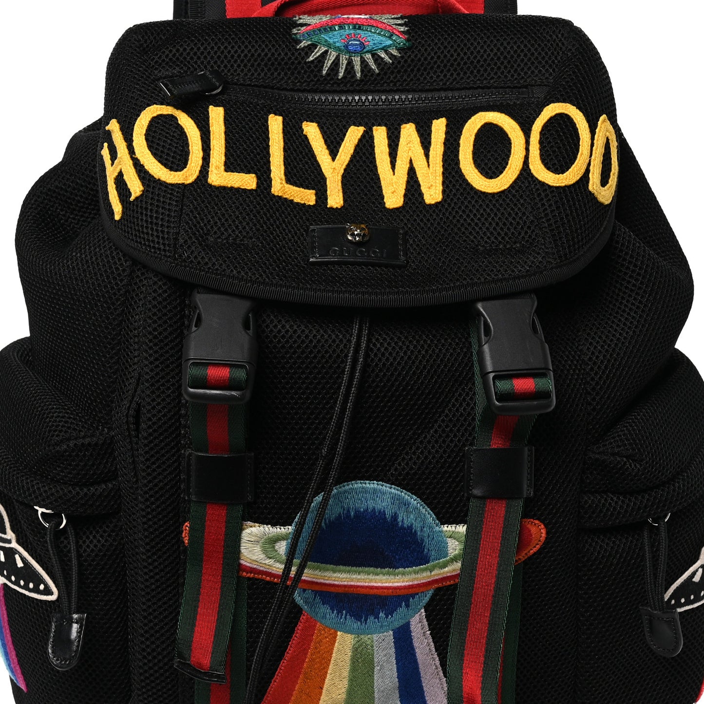 Mesh Web Hollywood Embroidered Double Buckle Backpack Black Multicolor