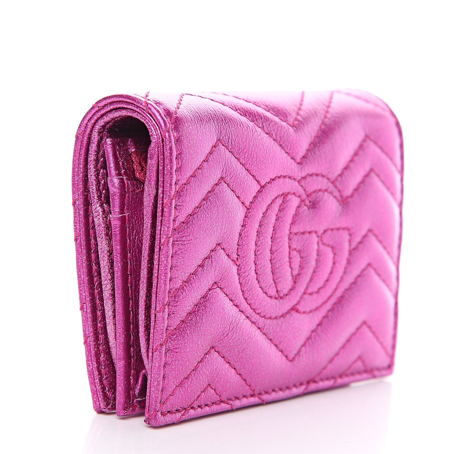 Metallic Calfskin Matelasse Crystal GG Marmont Wallet Fuchsia