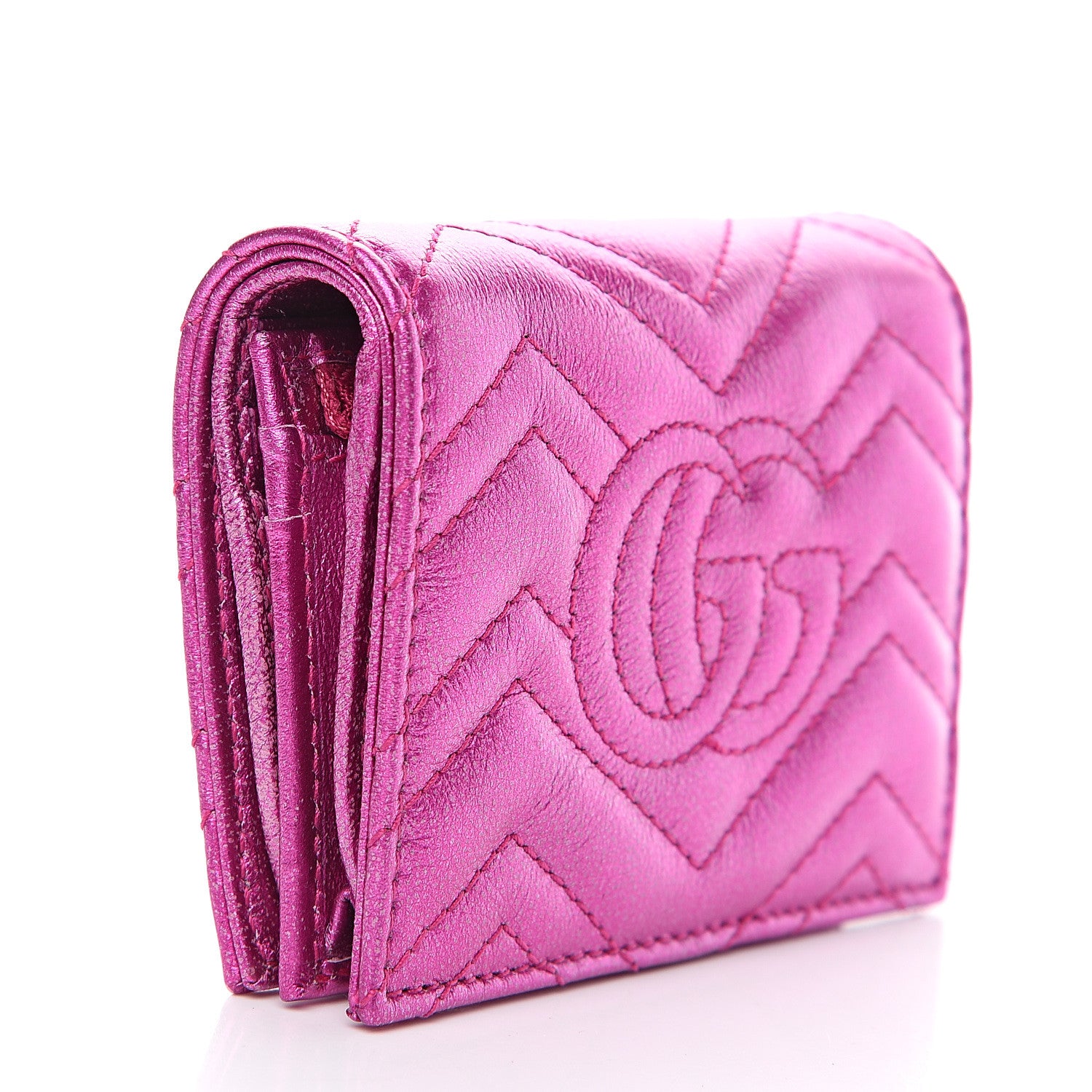 Gucci Metallic Calfskin Matelasse Crystal GG Marmont Wallet Fuchsia 2 of 8
