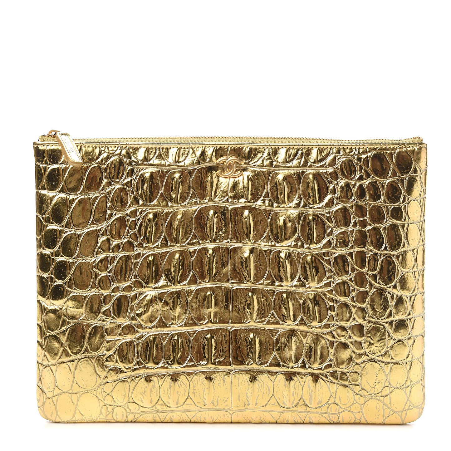 Metallic Crocodile Calfskin Embossed Medium Cocodile Cosmetic Case Gold