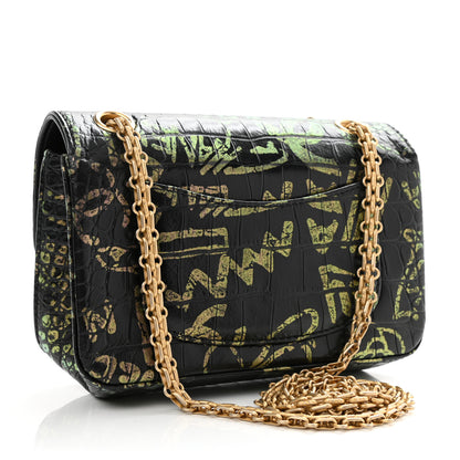 Chanel Calfskin Crocodile Embossed Graffiti 2.55 Mini Cocodile Reissue Flap Black Gold 3 of 8