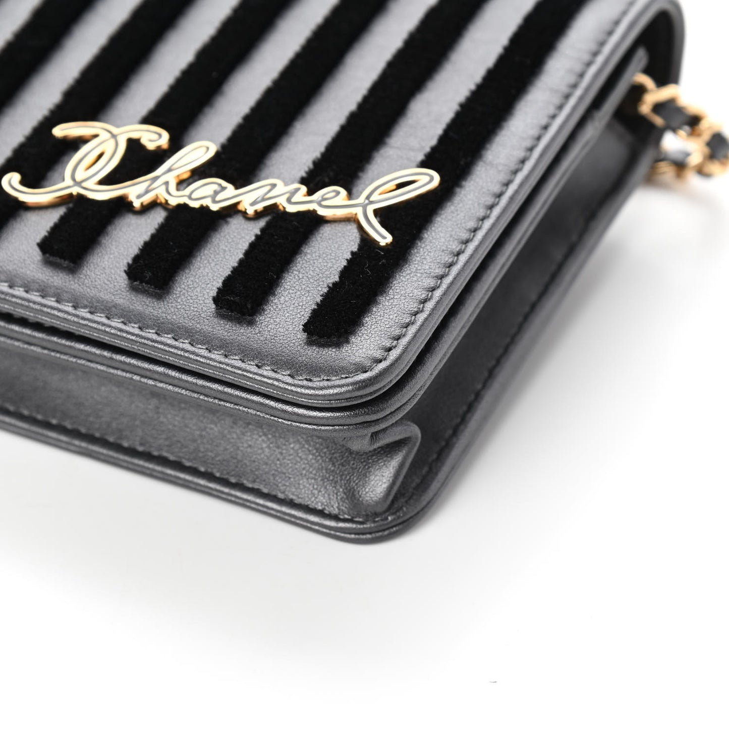 Iridescent Calfskin Velvet Stripe Wallet On Chain WOC Charcoal
