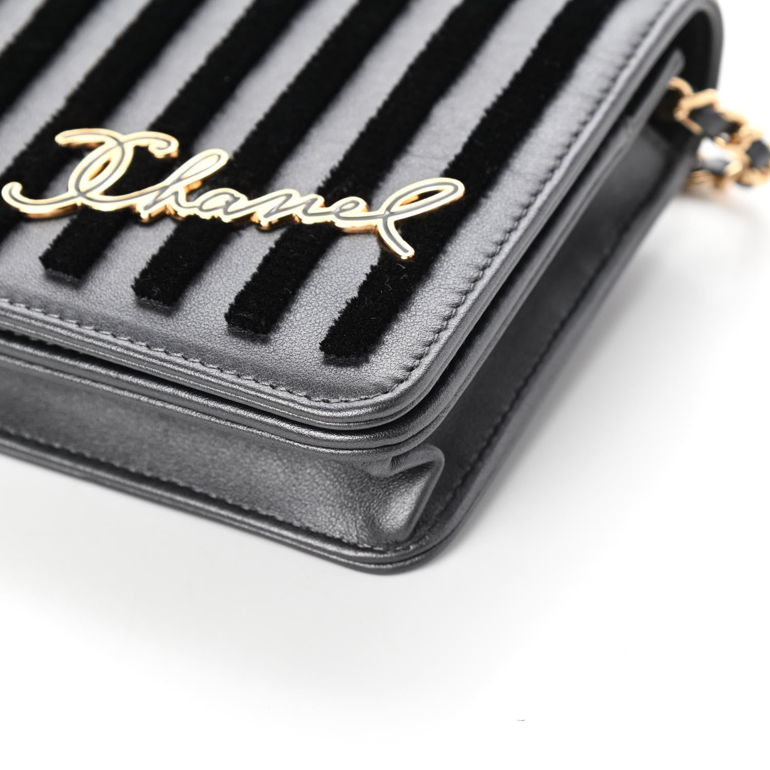Chanel Iridescent Calfskin Velvet Stripe Wallet On Chain WOC Charcoal 12 of 12