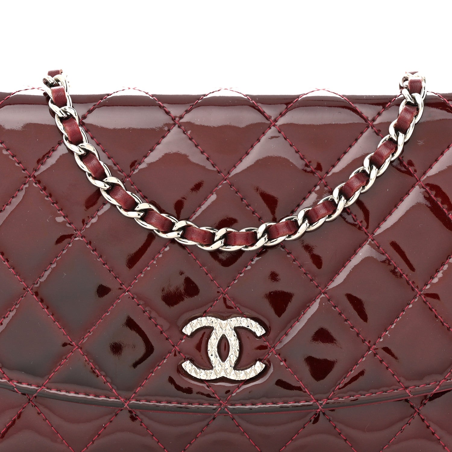 Chanel Patent Quilted Brilliant Wallet On Chain WOC Dark Burgundy 8 of 12